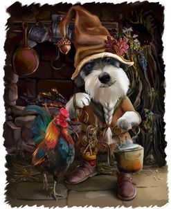 A Dog In Vintage Clothing And His Pet Rooster