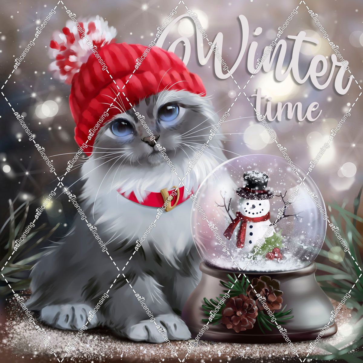 Gray Cat In A Red Cap And A Snowman In A Snowball