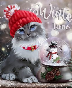 Gray Cat In A Red Cap And A Snowman In A Snowball