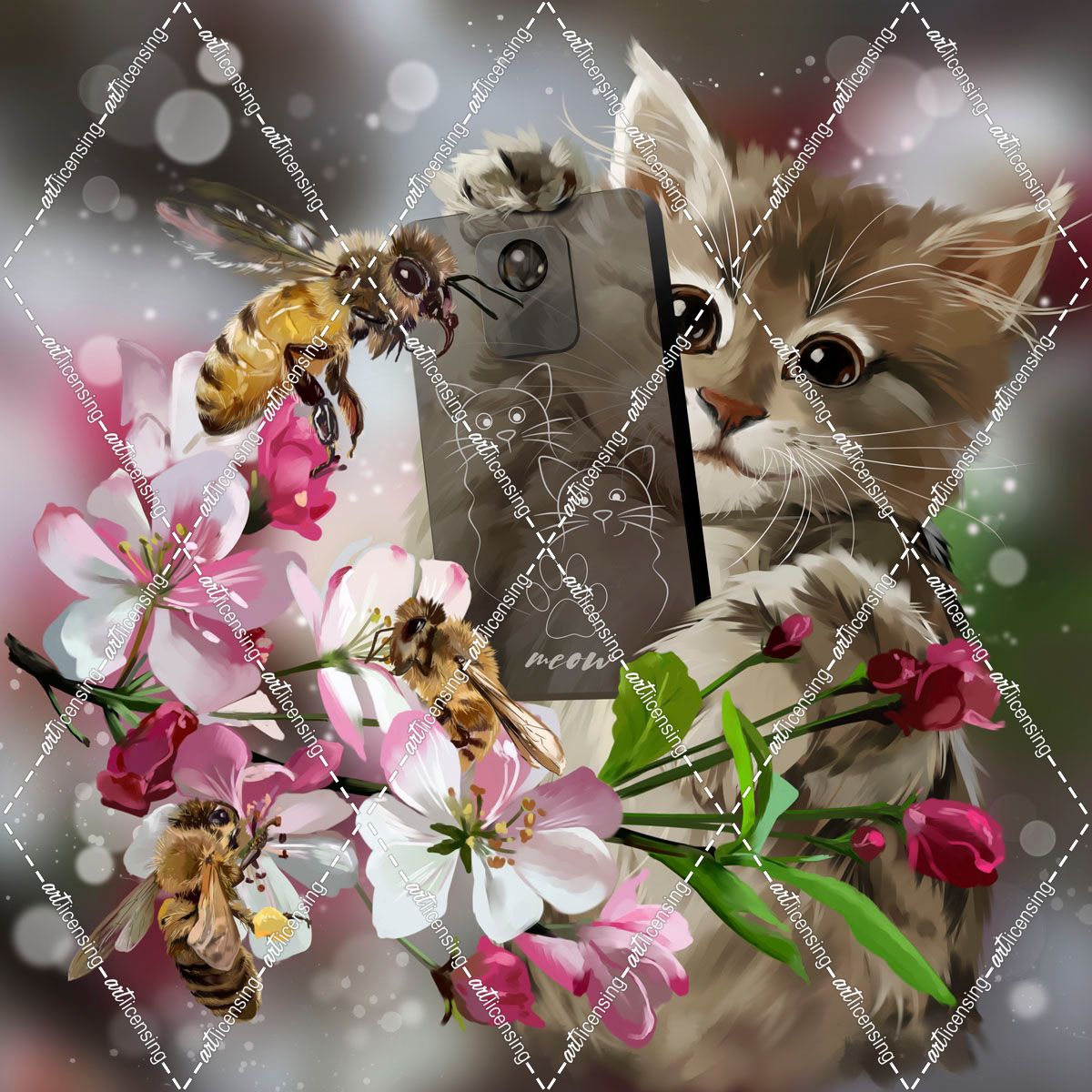 Kitten Takes Pictures Of Bees And Apple Tree Flowers