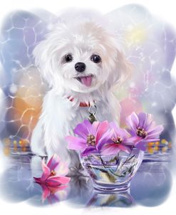 Fluffy White Bichon Puppy And Flowers In A Vase