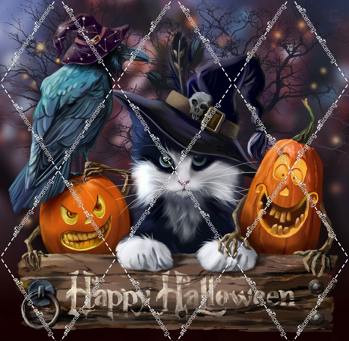 Wizard Cat, Raven And Halloween Pumpkins