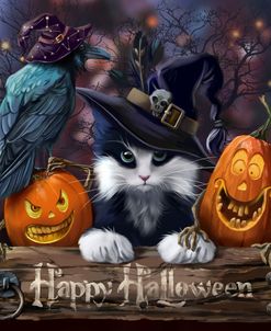 Wizard Cat, Raven And Halloween Pumpkins