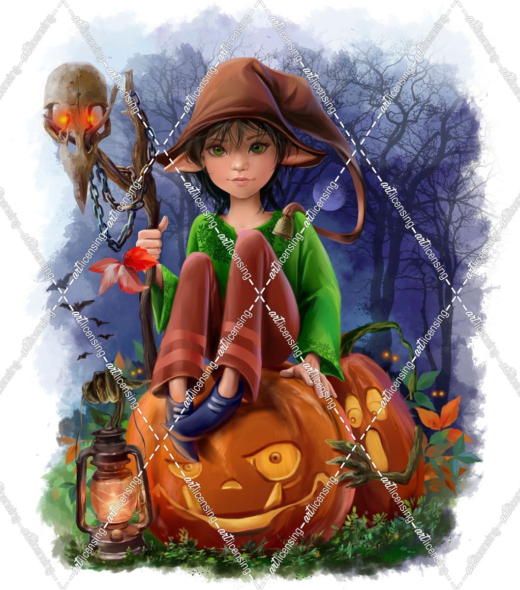 Elf Girl Sitting On A Pumpkin