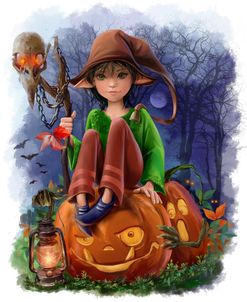 Elf Girl Sitting On A Pumpkin