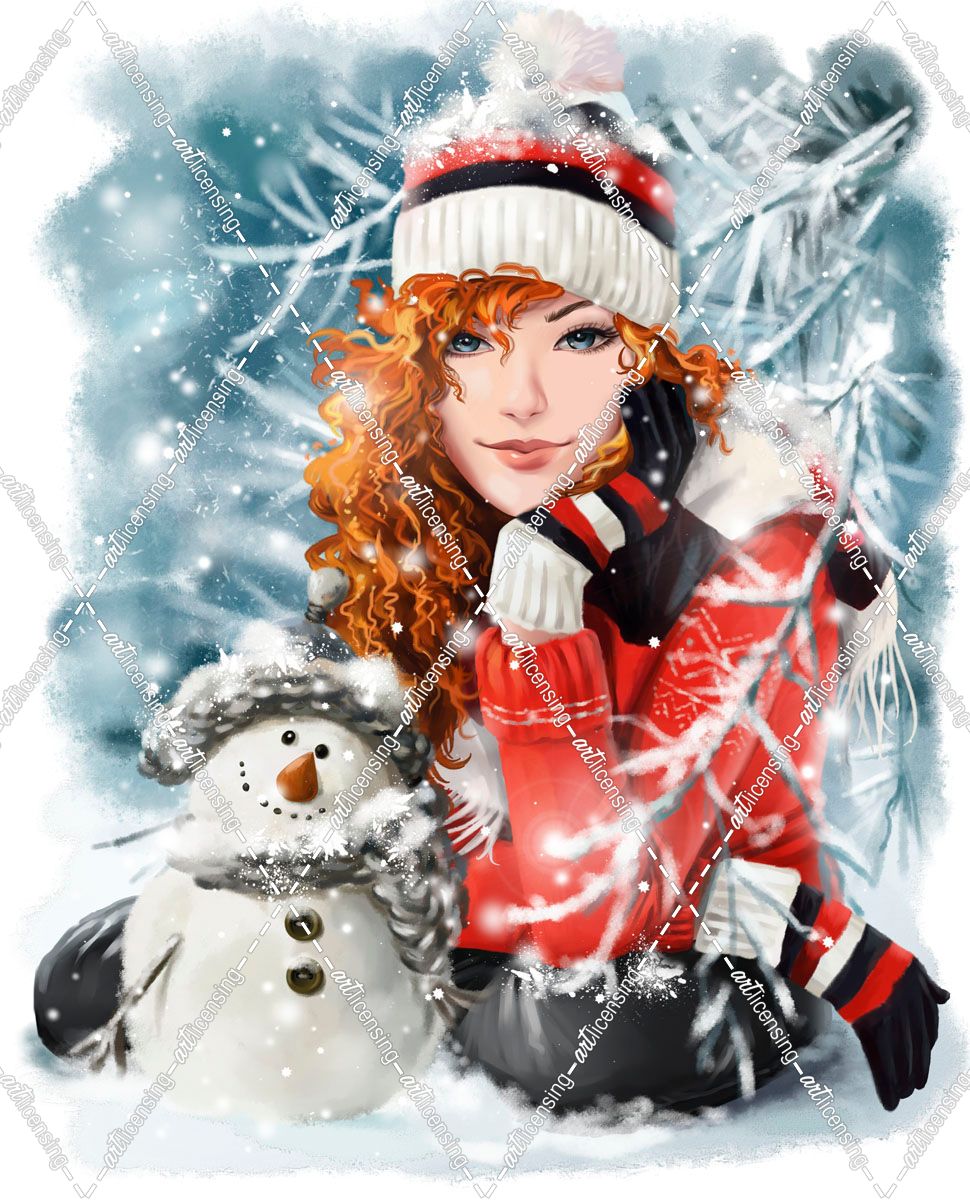 Girl And Snowman In A Hat