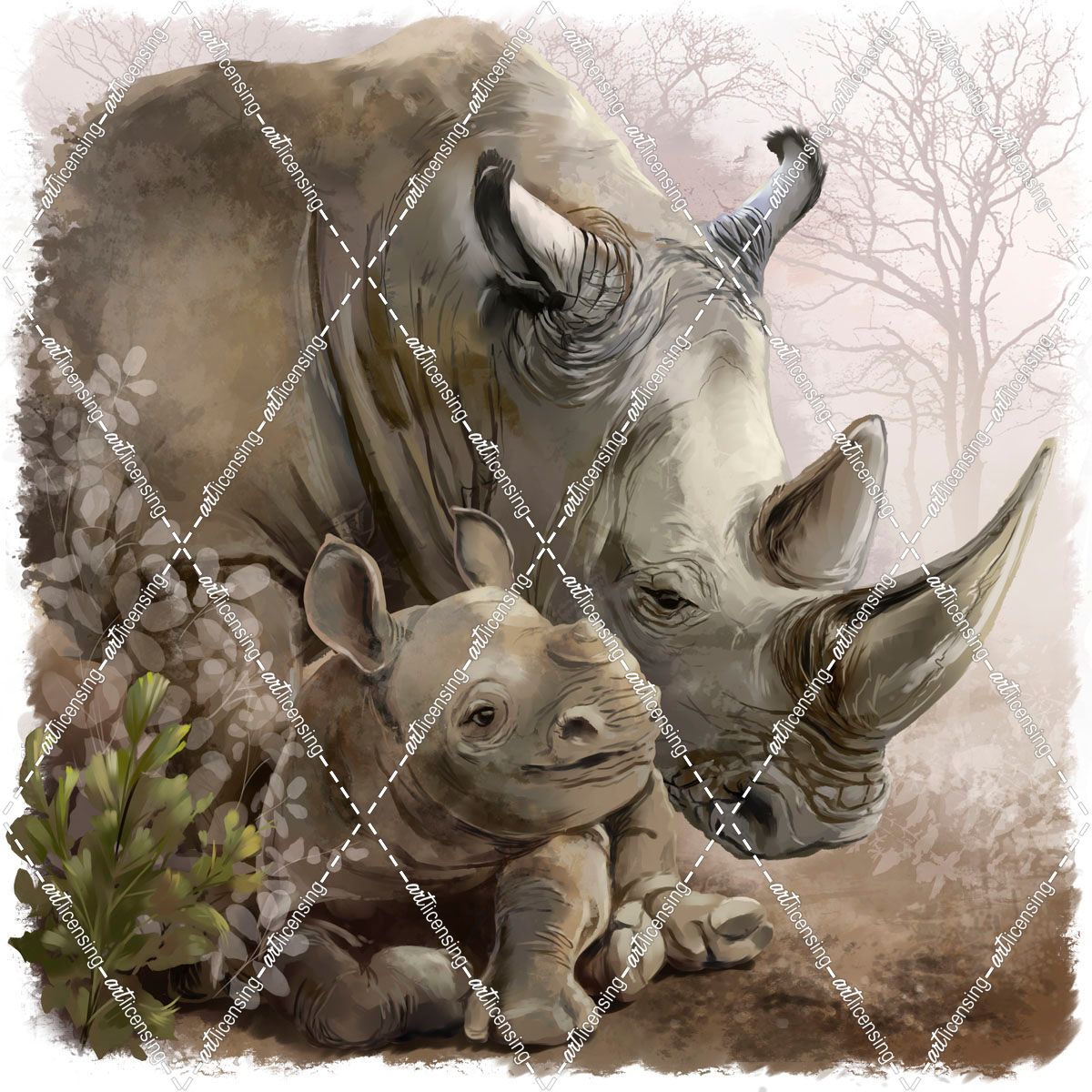 Rhinoceros And His Little Cub