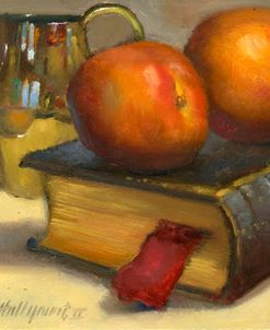 Nectarines with Silver Creamer and Vintage Leather Book