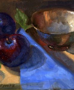 Two Plums with Silver Bowl on Blue Cloth