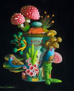 Vintage Can With Birds And Mushrooms