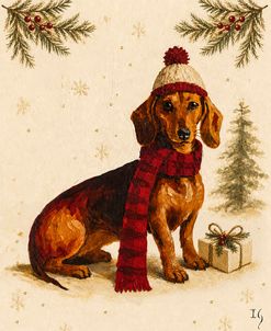Dachshund In Winter Hat And Scarf