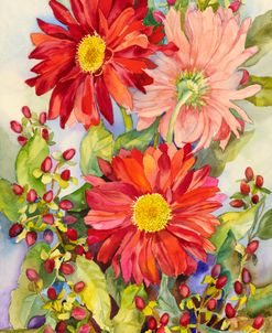 Red Gerbera Daisies And Berries