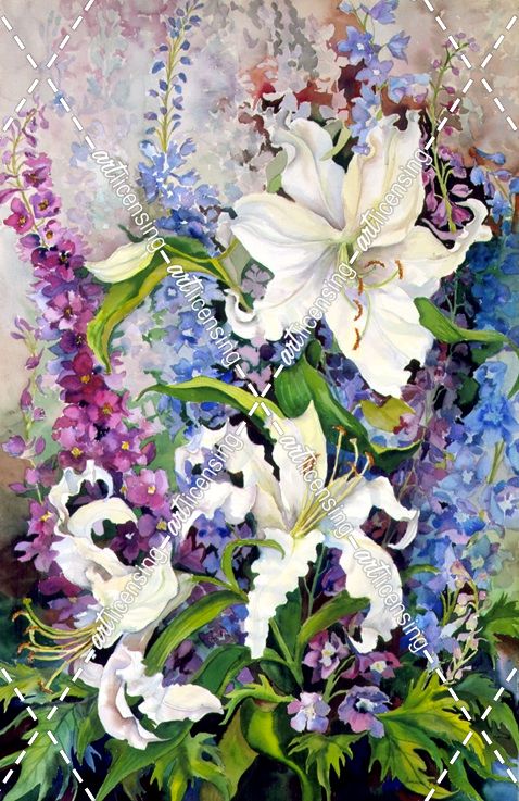 White Oriental Lilies & Pink And Purple Delphinium