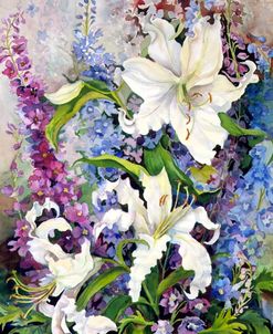 White Oriental Lilies & Pink And Purple Delphinium