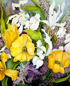 Yellow Tulips, White Iris And Heather