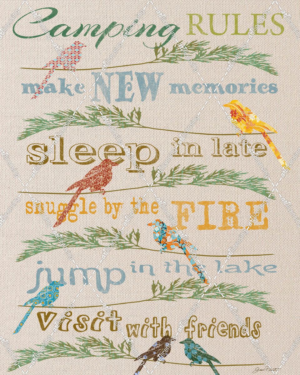 Camping Rules-White Fabric-Birds