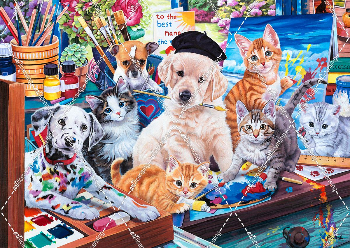 Pups and Kittens in the Art Studio