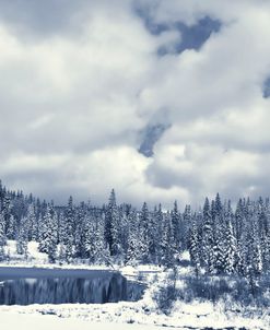Lake In Winter Snow Forest Clouds Blue White