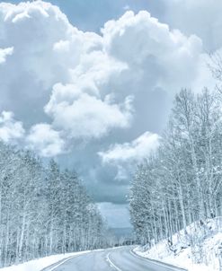 Winter Travel Road Snow Trees Clouds Blue White