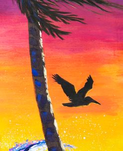 Pelican Sunset On Wood Panel