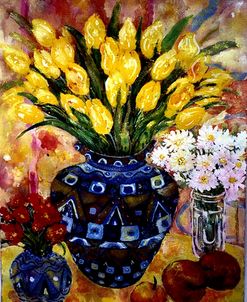 Yellow Tulips In A Blue & Gold Pot