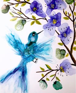 Blue Bird And Purple Flowers On Tree Alcohol Ink Painting