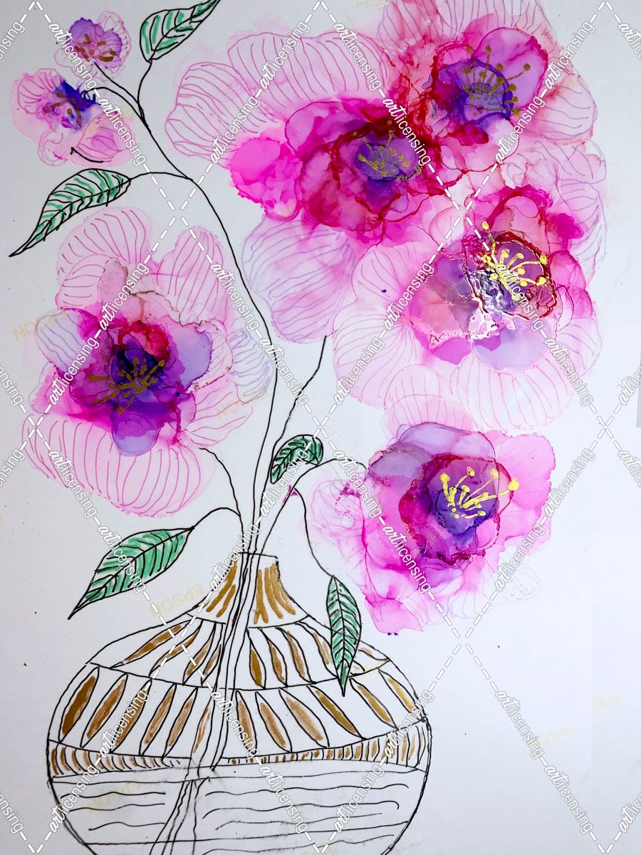 Pink And Gold Leaf Flowers Alcohol Ink Painting