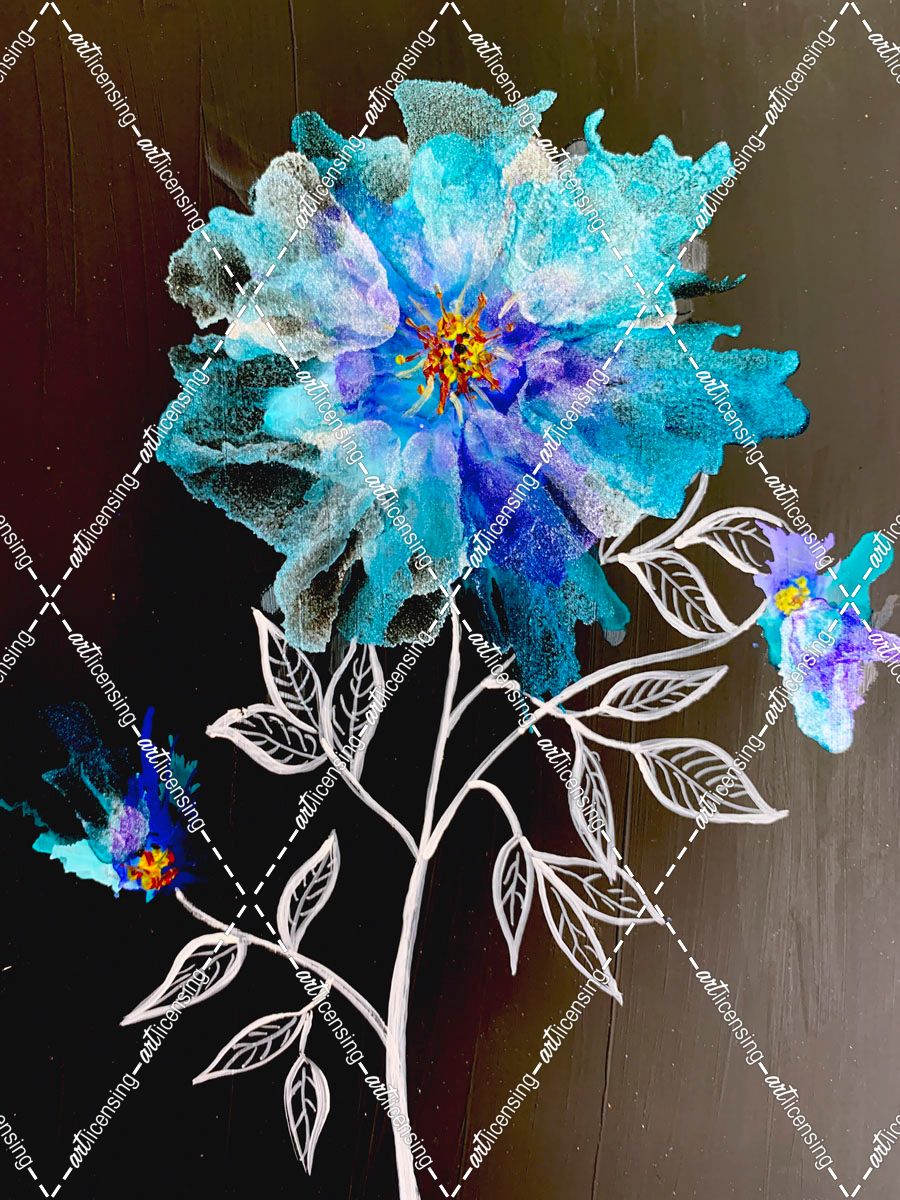 Teal And Blue Flowers On Black Paper Alcohol Ink Painting