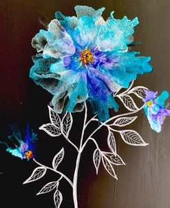 Teal And Blue Flowers On Black Paper Alcohol Ink Painting