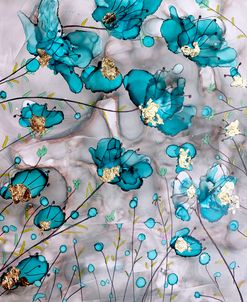 Teal And Gold Leaf Flowers Alcohol Ink Painting