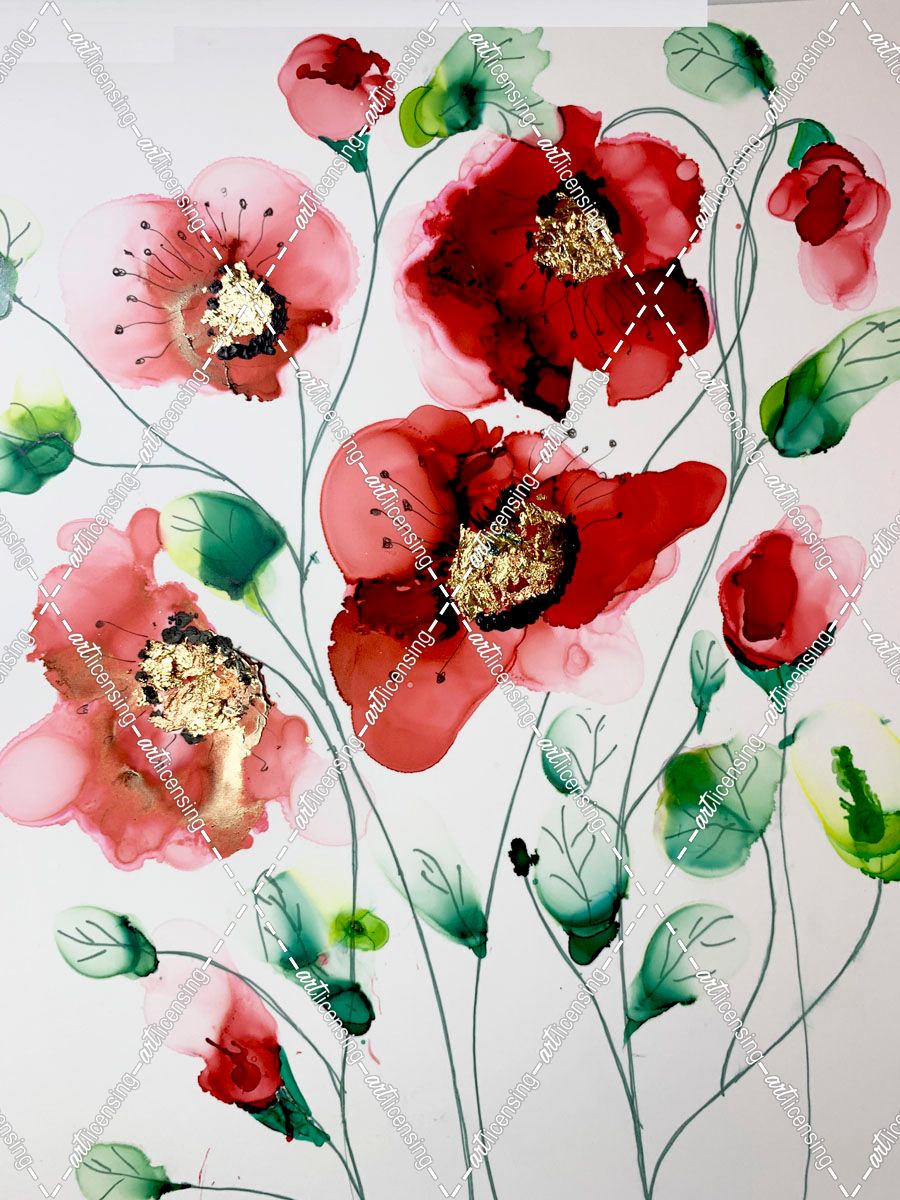 Red And Gold Leaf Poppy Flowers Alcohol Ink Painting