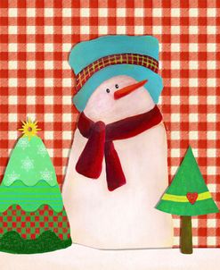 Snowman With Teal Hat With Christmas Trees