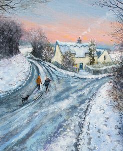 Cottage Snow and Pink Sky