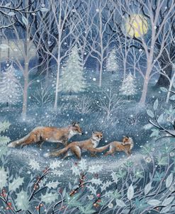 Foxes in a Snowy Woodland