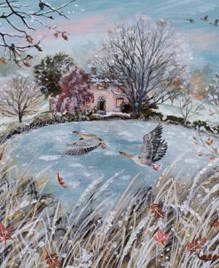 Geese Over Frozen Lake