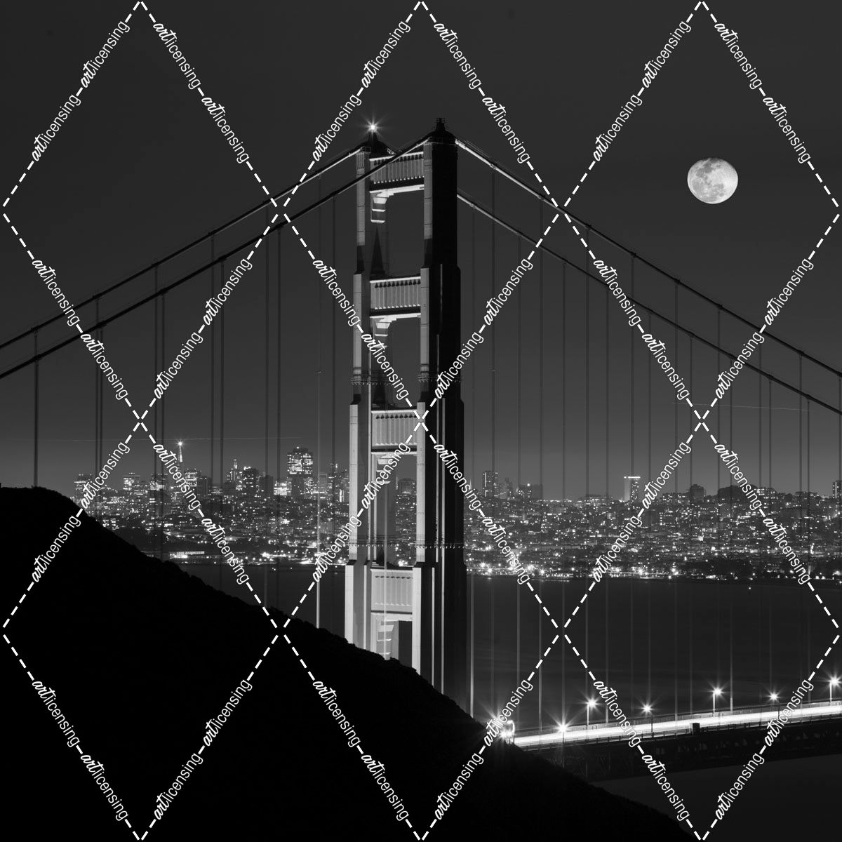 Golden Gate and Moon BW