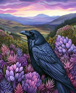 Crow Among Purple Flowers