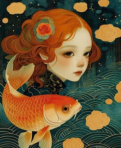 Koi Carp And Orange Girl