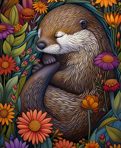 Otter Sleeping Among The Flowers
