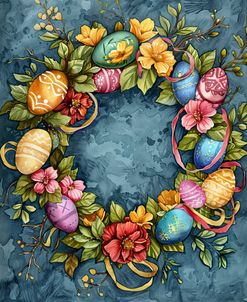 Wreath Of Flowers And Decorated Eggs