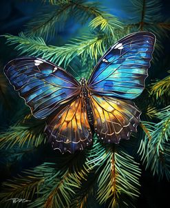 Yellow Blue Butterfly Among Pines 1