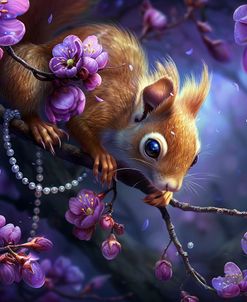 Squirrel Fantastic Between Purple Flowers And Pearls
