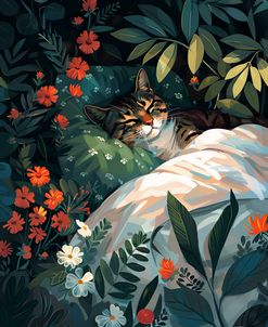 Cat Sleeping Among Flowers And Plants