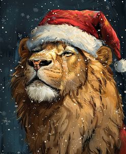 Lion Under The Snow With Red Santa Hat 1