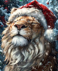 Lion Under The Snow With Red Santa Hat 2