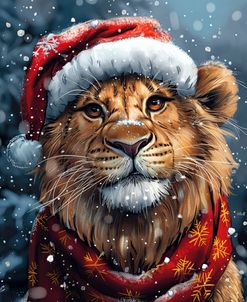 Lion Under The Snow With Red Santa Hat 3