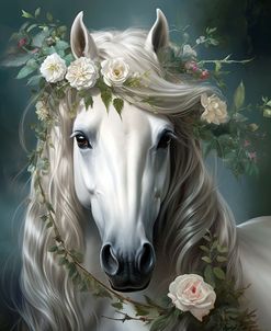 White Horse Crowned By Flowers