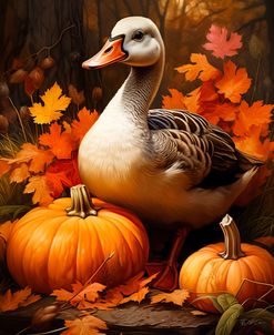 Goose In Autumn Leaves And Pumpkins 2