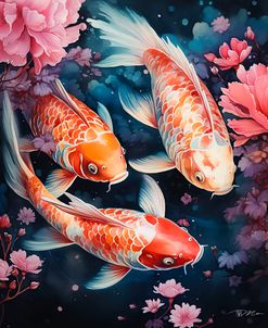 Koi Carp And Peach Flowers