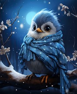 Cute Blue Bird On A Branch In The Moonlight